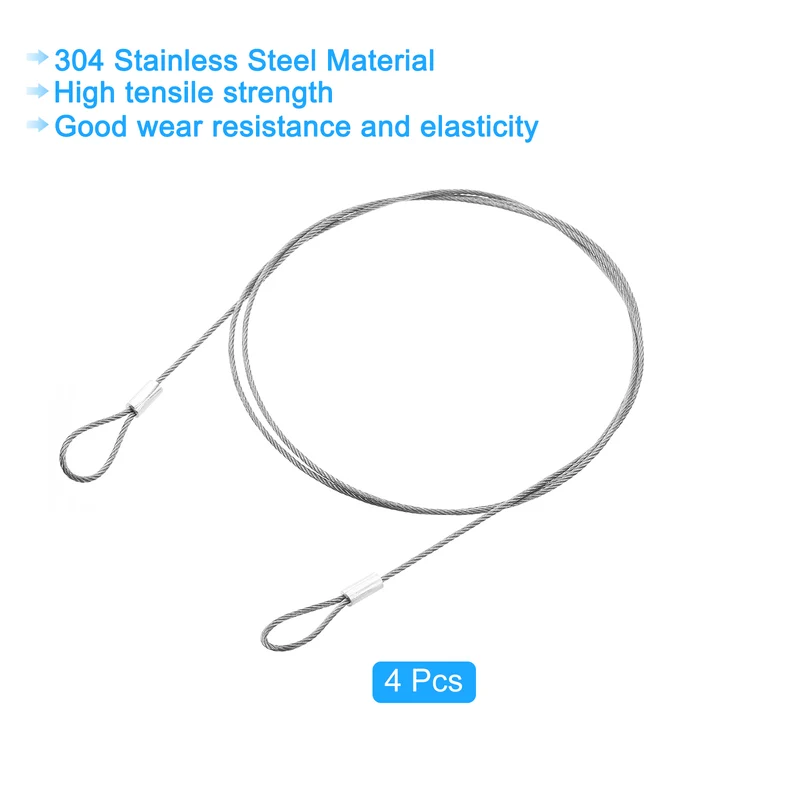 4Pcs Lanyard Cable, 100cm x 1.5mm Stainless Steel Wire Cable with Loops, Silver
