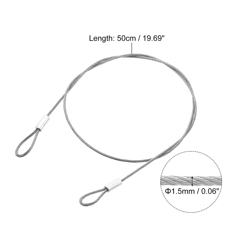 10Pcs Lanyard Cable, 50cm x 1.5mm Stainless Steel Wire Cable with Loops, Silver