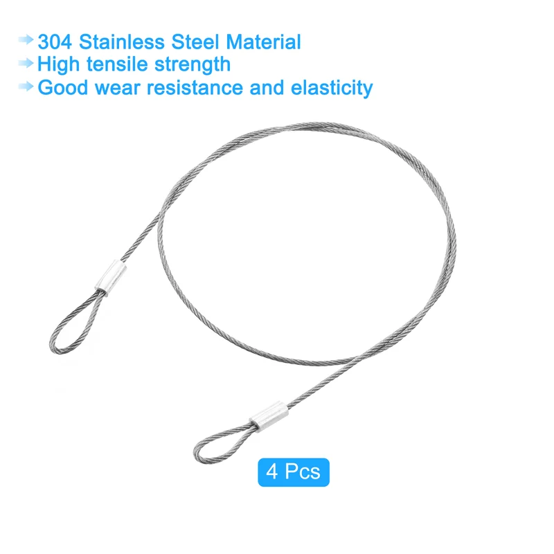 4Pcs Lanyard Cable, 50cm x 1.5mm Stainless Steel Wire Cable with Loops, Silver