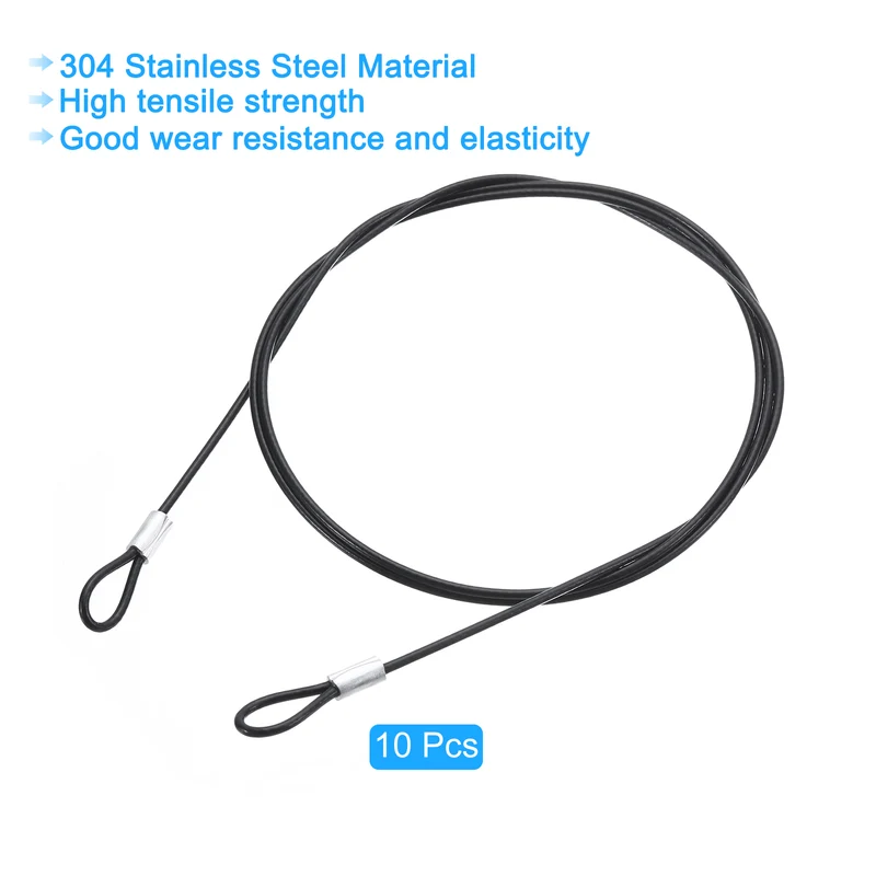 10Pcs Lanyard Cable, 100cm x 2mm Stainless Steel Wire Cable with Loops, Black