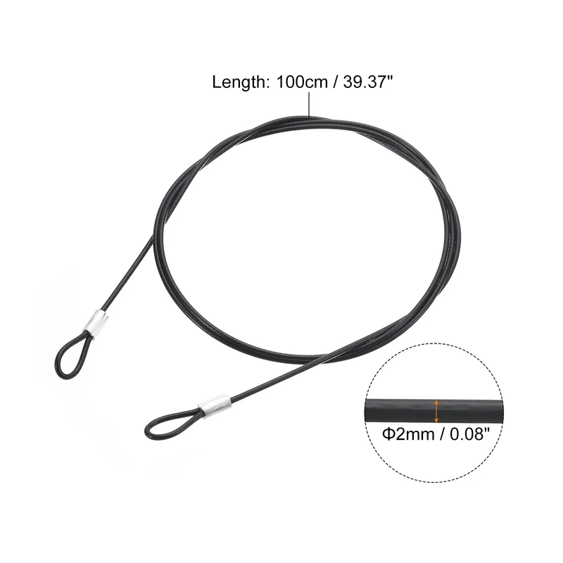 4Pcs Lanyard Cable, 100cm x 2mm Stainless Steel Wire Cable with Loops, Black
