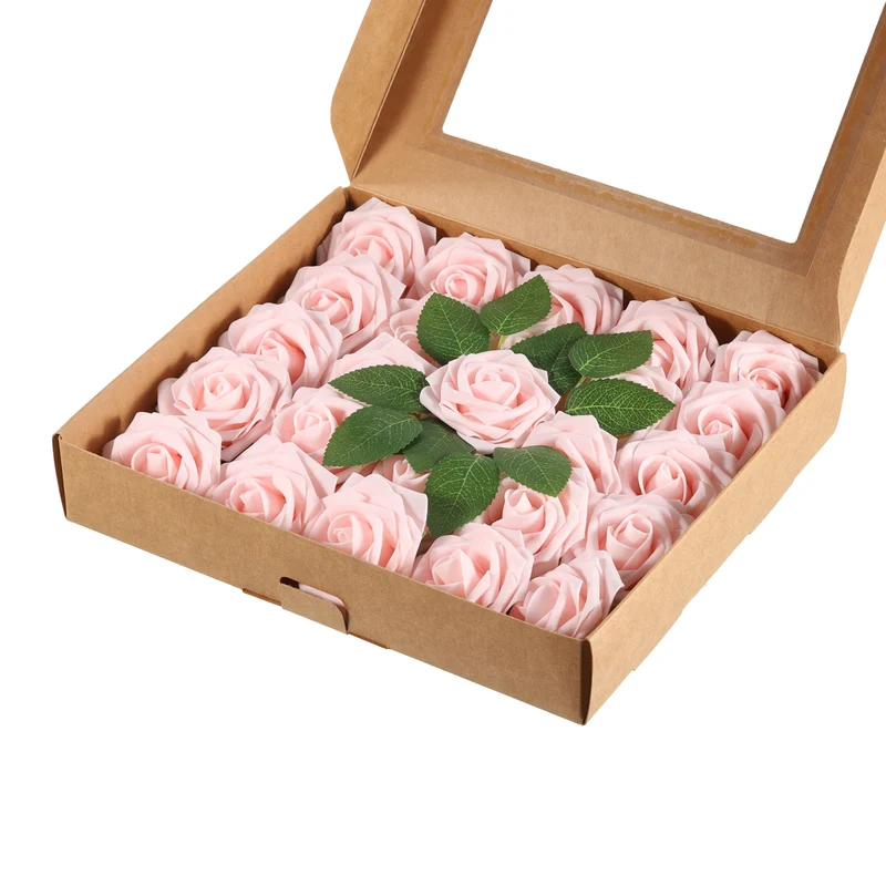Artificial Rose Flower Heads, Champagne Pink Mini Faux Flowers 3.15 Inch 25Pcs