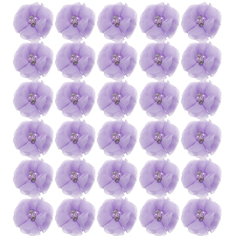 Artificial Rhinestone Chiffon Flower Heads, Light Purple Flowers 2 Inch 30Pcs