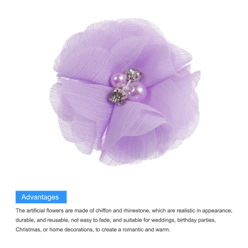 Artificial Rhinestone Chiffon Flower Heads, Light Purple Flowers 2 Inch 30Pcs