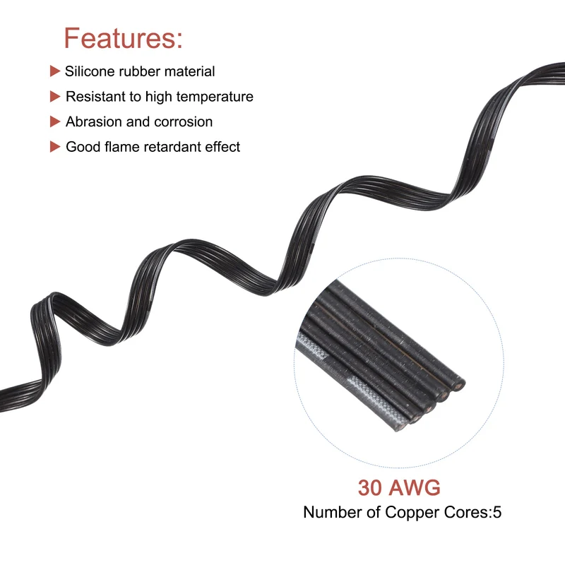 30AWG Ribbon Cable Silicone Wire 5Pin 30 Gauge Ribbon Wire Flat Silicone Cable 7.5m/24.6ft Black Stranded Tinned Copper Wire