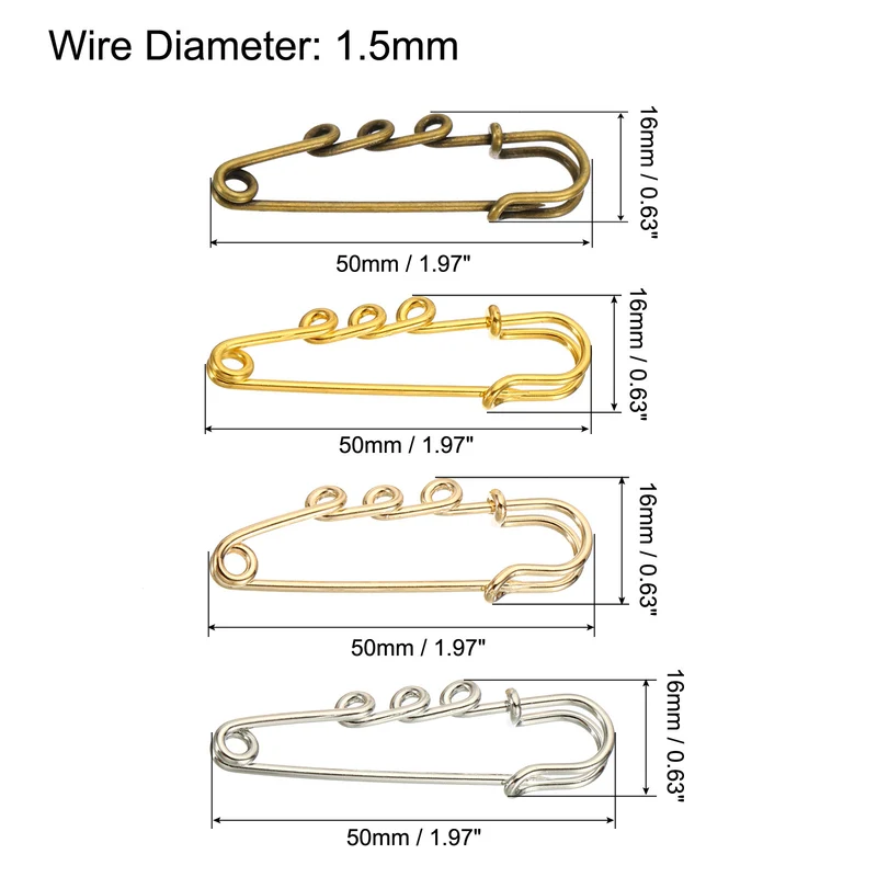 3 Holes Brooch Pins 2 Inch Metal Safety Pins Clips, 4 Colors, 50pcs