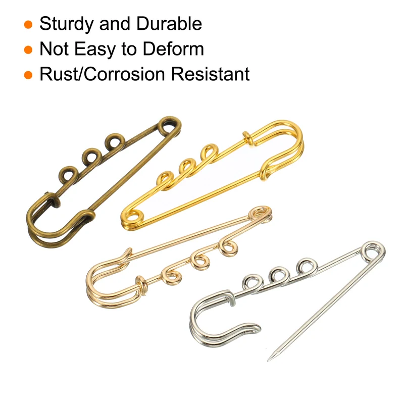 3 Holes Brooch Pins 2 Inch Metal Safety Pins Clips, 4 Colors, 50pcs