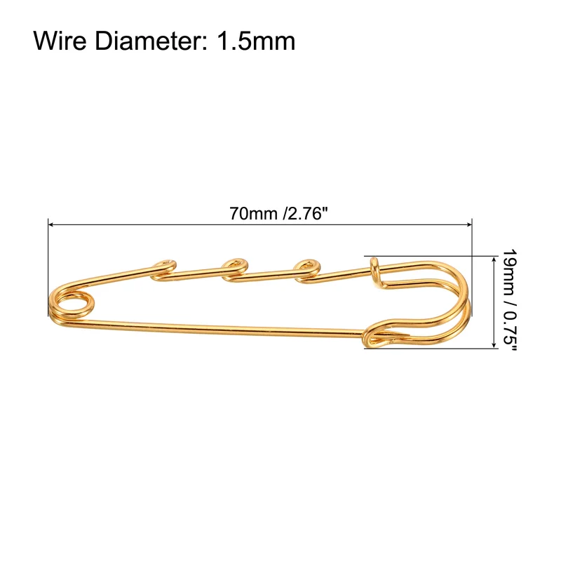 3 Holes Brooch Pins 2.8 Inch Metal Safety Pins Clips, Bright Gold, 10pcs