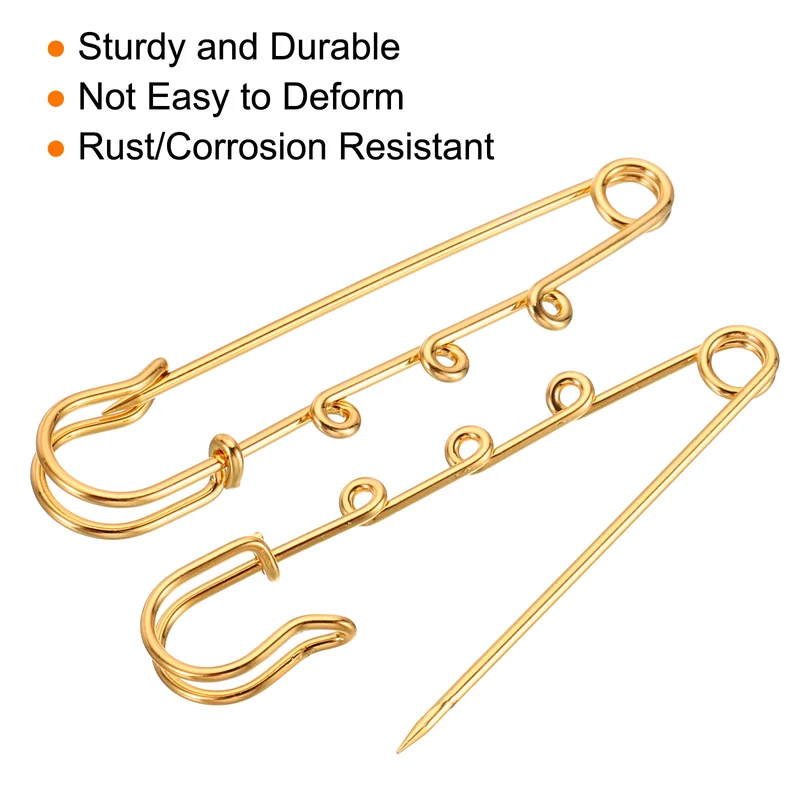 3 Holes Brooch Pins 2.8 Inch Metal Safety Pins Clips, Bright Gold, 10pcs