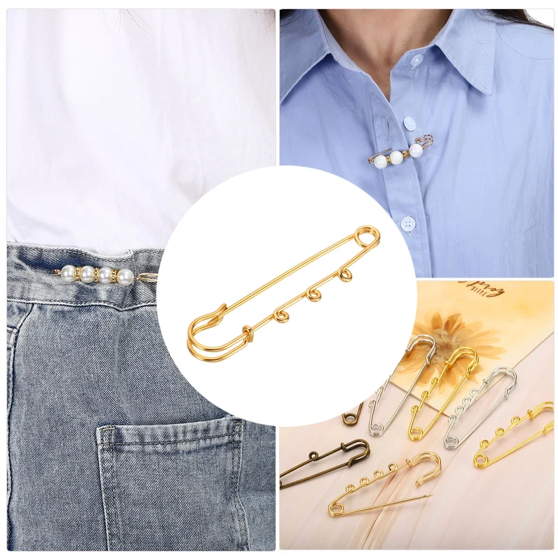 3 Holes Brooch Pins 2.8 Inch Metal Safety Pins Clips, Bright Gold, 10pcs