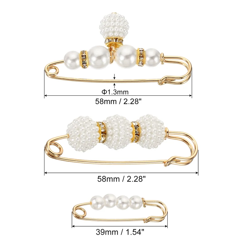 Pearl Brooch Pins 3 Styles 1.5/2.3/2.3 Inch Faux Pearl Clips, White, 6pcs