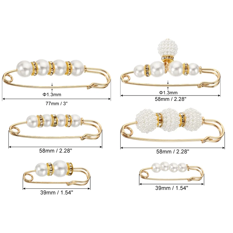 Pearl Brooch Pins 6 Styles 1.5/2.3/3 Inch Faux Pearl Clips, 6pcs