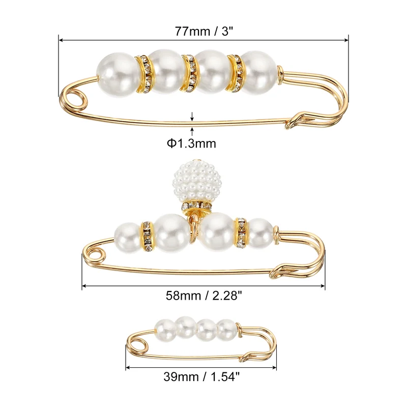 Pearl Brooch Pins 3 Styles 1.5/2.3/3 Inch Faux Pearl Clips, White, 6pcs