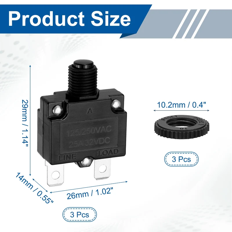 3pcs Thermal Circuit Breakers Reset Push Button 25A 125/250VAC 32VDC