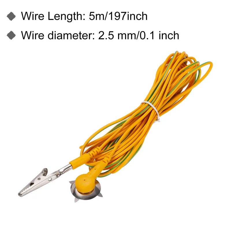 ESD Grounding Cable, 5m/197" Long Anti-Static Ground Cable Cord Clip Yellow, for Eliminate Conductor Electrostatic