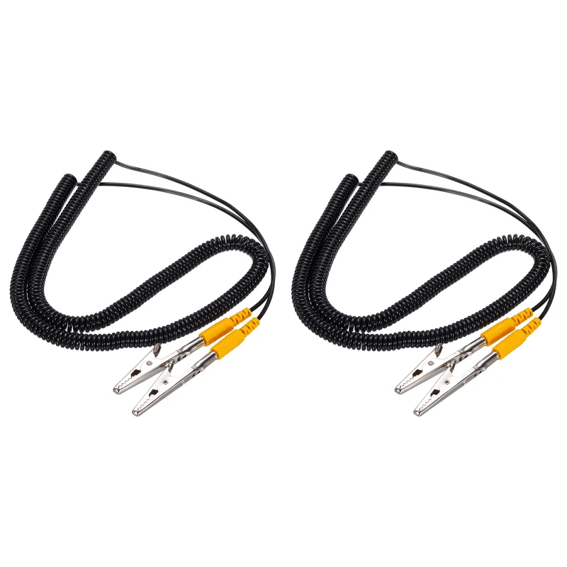 ESD Grounding Cable Cord with Alligator Clip, 5m/197" Yellow Anti-Static Ground Wire Elastic Cable, for Eliminating Conductor Electrostatic, 2 Pack
