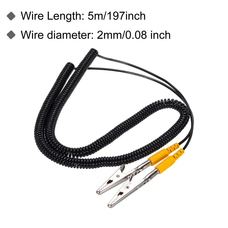ESD Grounding Cable Cord with Alligator Clip, 5m/197" Yellow Anti-Static Ground Wire Elastic Cable, for Eliminating Conductor Electrostatic, 2 Pack