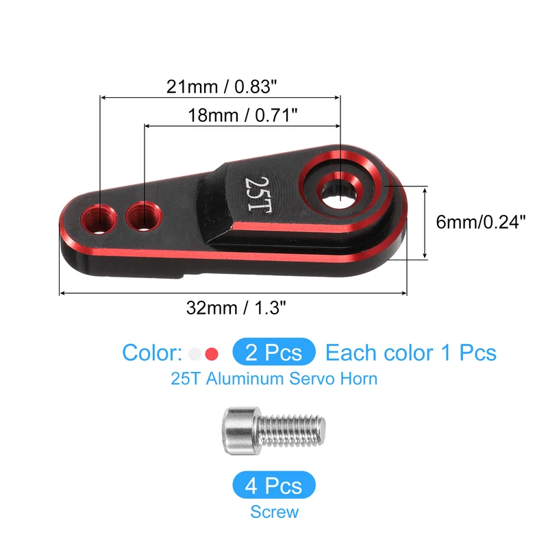 Aluminum Alloy 25T Steering Servo Arm Horn Silver/Red for RC Car Pack of 2