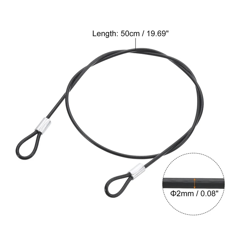 10Pcs Lanyard Cable, 50cm x 2mm Stainless Steel Wire Cable with Loops, Black