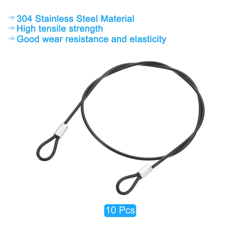10Pcs Lanyard Cable, 50cm x 2mm Stainless Steel Wire Cable with Loops, Black
