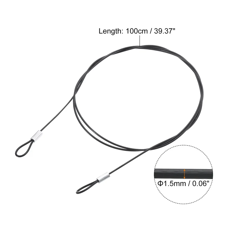 10Pcs Lanyard Cable, 100cm x 1.5mm Stainless Steel Wire Cable with Loops, Black