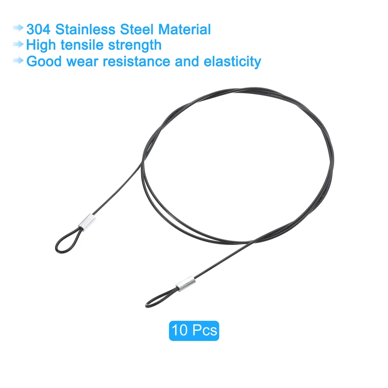 10Pcs Lanyard Cable, 100cm x 1.5mm Stainless Steel Wire Cable with Loops, Black