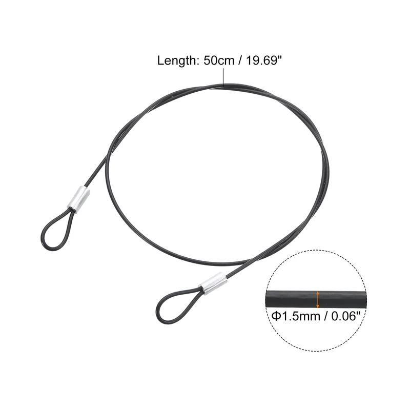 4Pcs Lanyard Cable, 50cm x 1.5mm Stainless Steel Wire Cable with Loops, Black