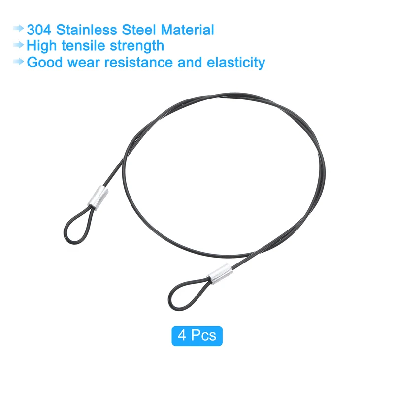 4Pcs Lanyard Cable, 50cm x 1.5mm Stainless Steel Wire Cable with Loops, Black