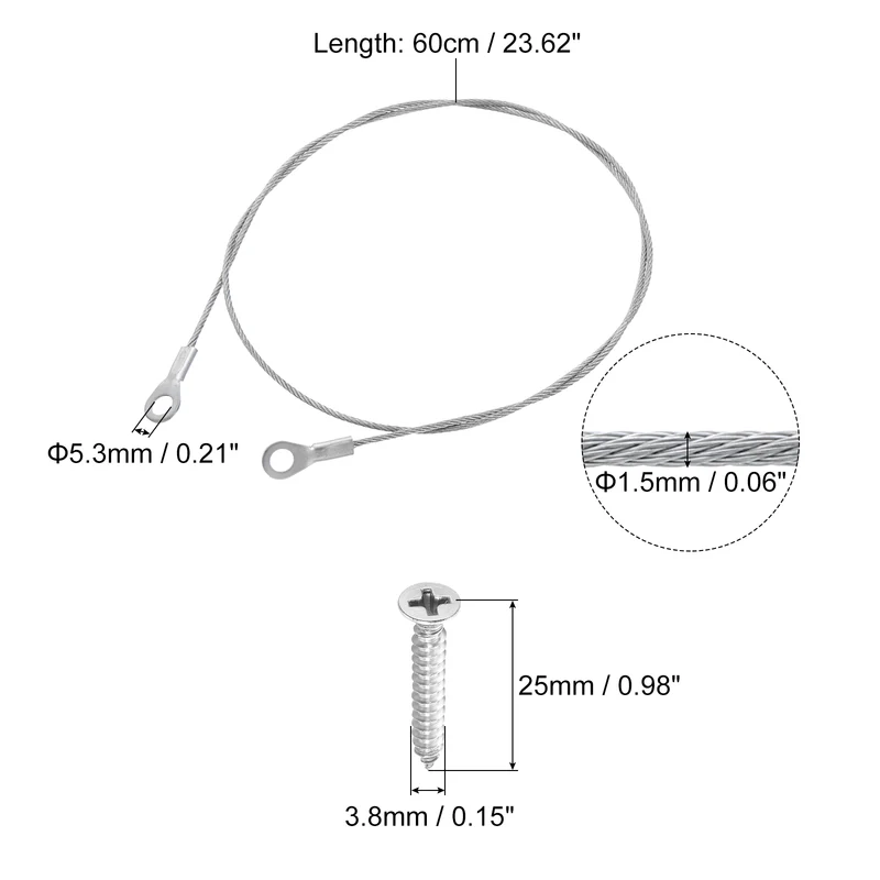 10Pcs Lanyard Cable, 60cm x 1.5mm 304 Stainless Steel Wire Rope Lanyard