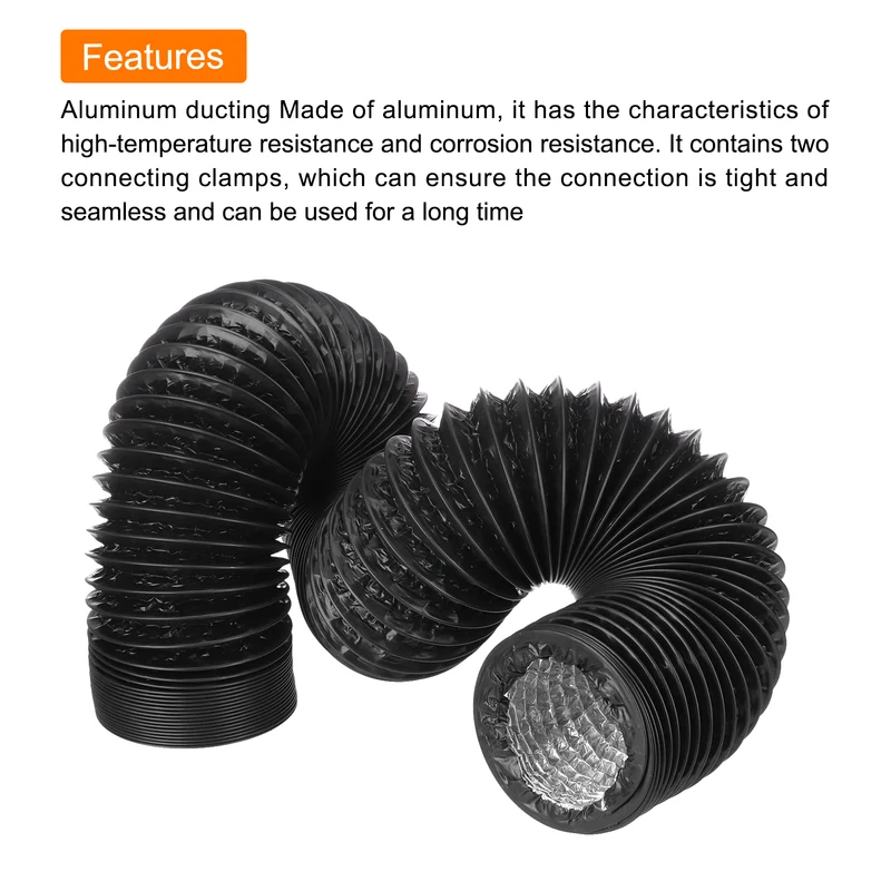Dryer Vent Hose 4 Inch 5 Ft Aluminum Flexible Air Ducting for Heating Cooling Ventilation and Exhaust with 2 Clamps, Black