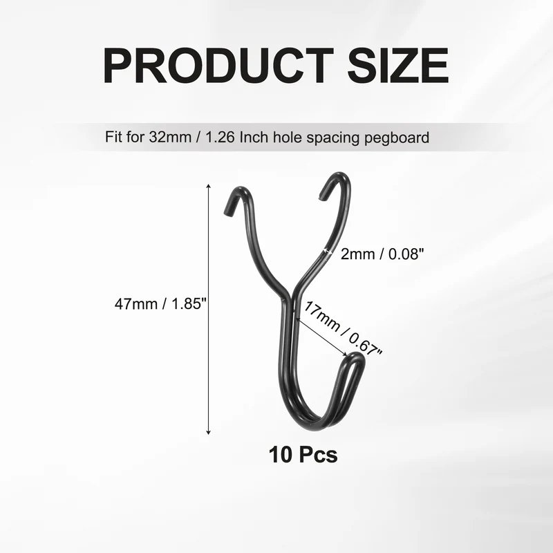 10Pcs Stainless Steel Pegboard Hooks 17mm/0.67" Hole Spacing J-Hook