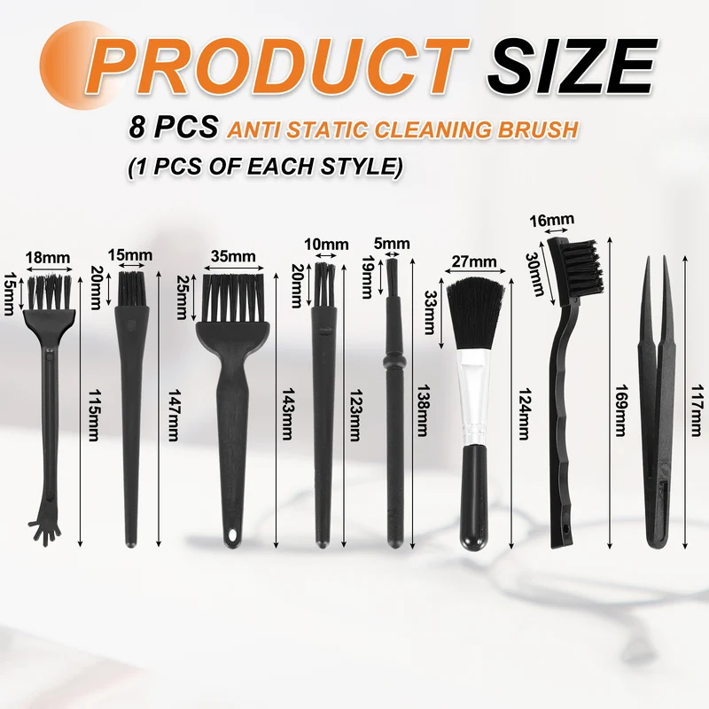 8PCS Anti Static Brush, Dusting Cleaning Brush for Small Spaces Keyboard Computer PCB Electronic Cleaning Kit, Black