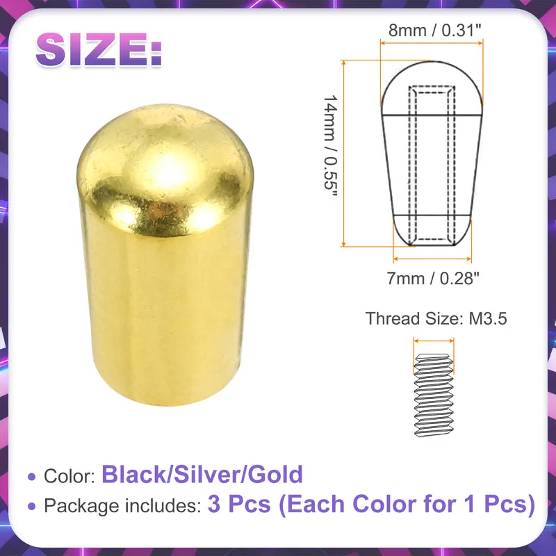 3Pcs 3Way Guitar Toggle Switch Tip, M3.5 Brass Threaded, Black/Silver/Gold