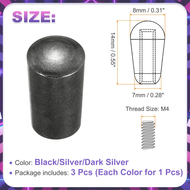 3Pcs 3Way Guitar Toggle Switch Tip, M4 Brass Threaded, Black/Silver/Dark Silver
