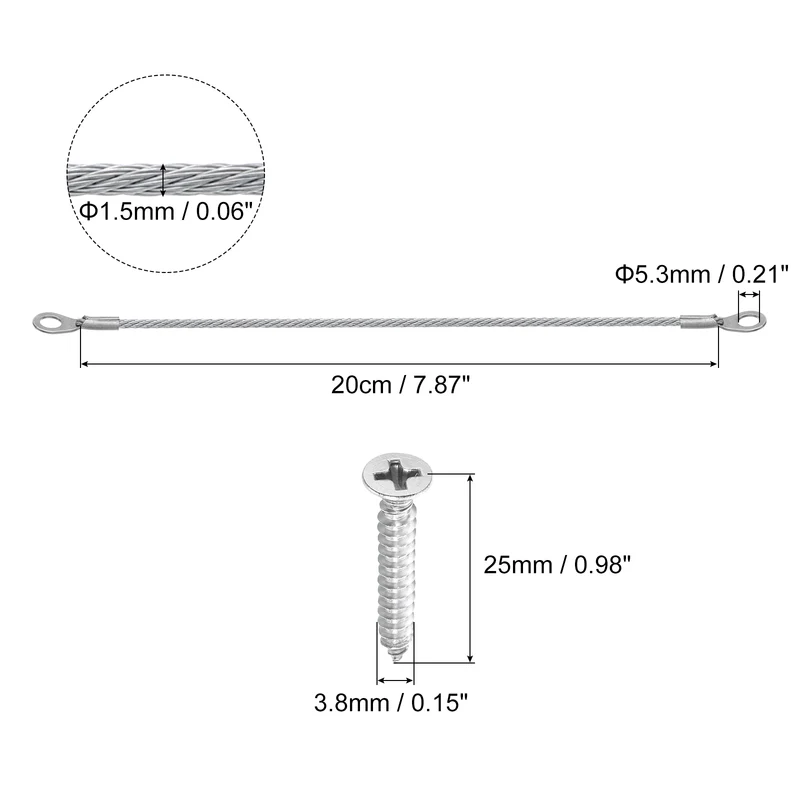4Pcs Lanyard Cable, 20cm x 1.5mm 304 Stainless Steel Wire Rope Lanyard