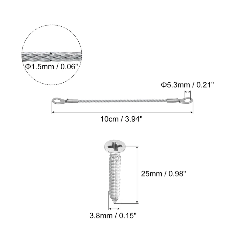 10Pcs Lanyard Cable, 10cm x 1.5mm 304 Stainless Steel Wire Rope Lanyard