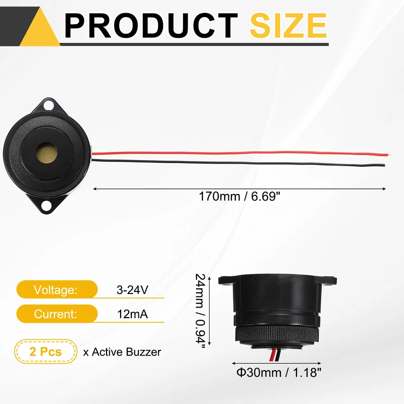 2Pcs Active Buzzer DC 9-24V 170mm Wired Active Piezo Electronic Buzzer Alarm