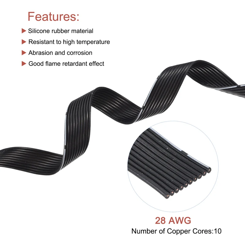 28AWG Ribbon Cable Silicone Wire 10Pin 28 Gauge Ribbon Wire Flat Silicone Cable 15m/50ft Black Stranded Tinned Copper Wire