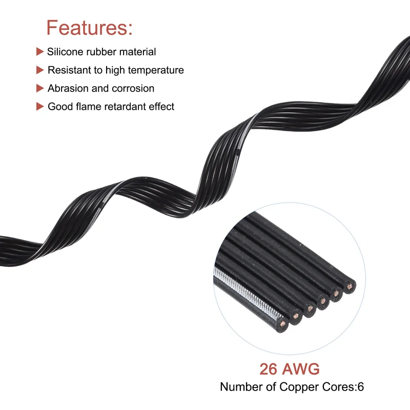 26AWG Ribbon Cable Silicone Wire 6Pin 26 Gauge Ribbon Wire Flat Silicone Cable 15m/50ft Black Stranded Tinned Copper Wire