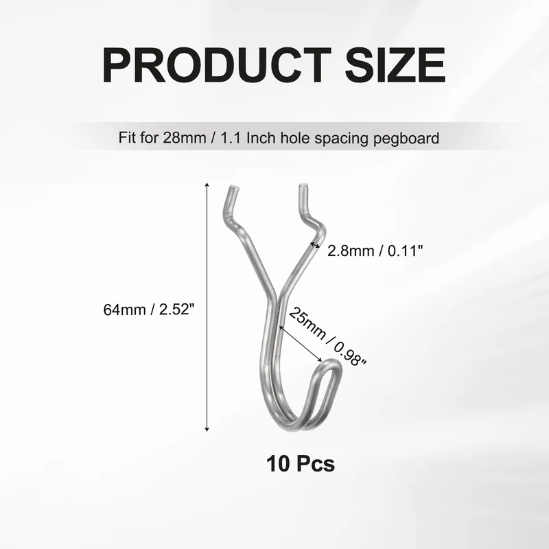10Pcs Stainless Steel Pegboard Hooks 25mm/0.98" Hole Spacing J-Hooks