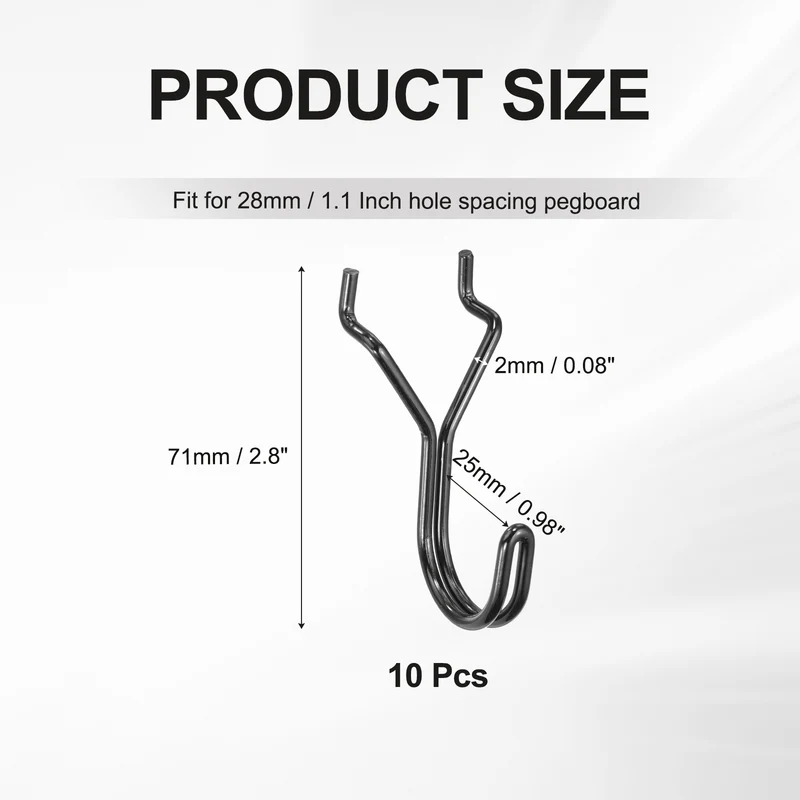 10Pcs Stainless Steel Pegboard Hook 25mm/0.98" Hole Spacing J-Hooks