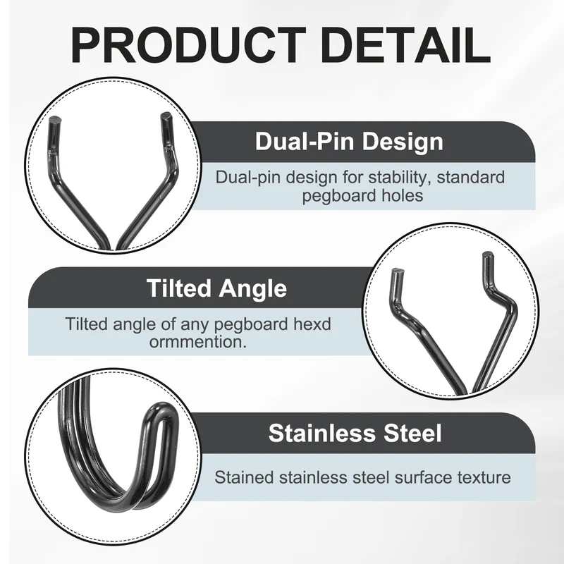 10Pcs Stainless Steel Pegboard Hook 25mm/0.98" Hole Spacing J-Hooks