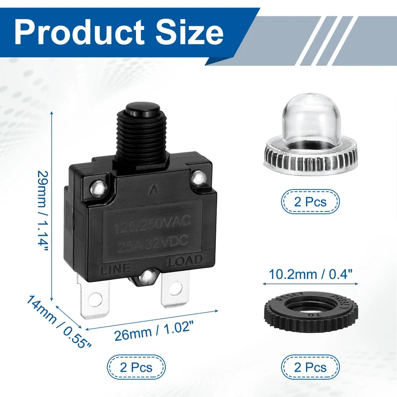 2pcs Thermal Circuit Breakers Reset Push Button 25A 125/250VAC 32VDC