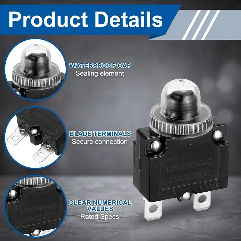 2pcs Thermal Circuit Breakers Reset Push Button 25A 125/250VAC 32VDC