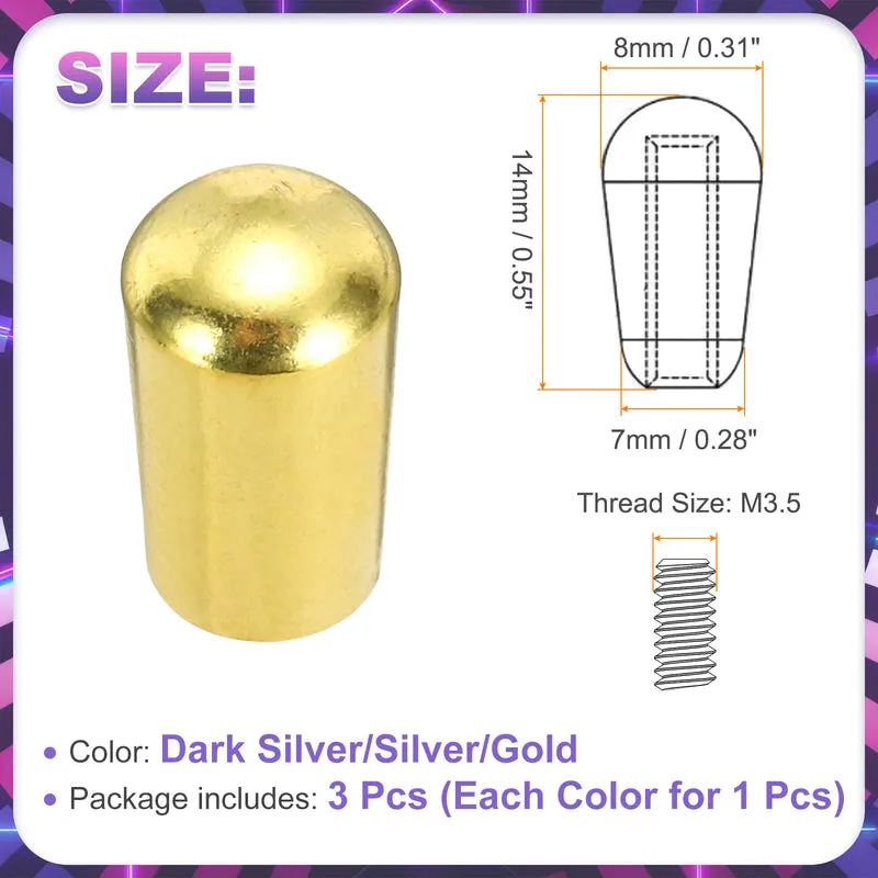 3Pcs 3Way Guitar Toggle Switch Tip, M3.5 Brass Threaded, Dark Silver/Silver/Gold