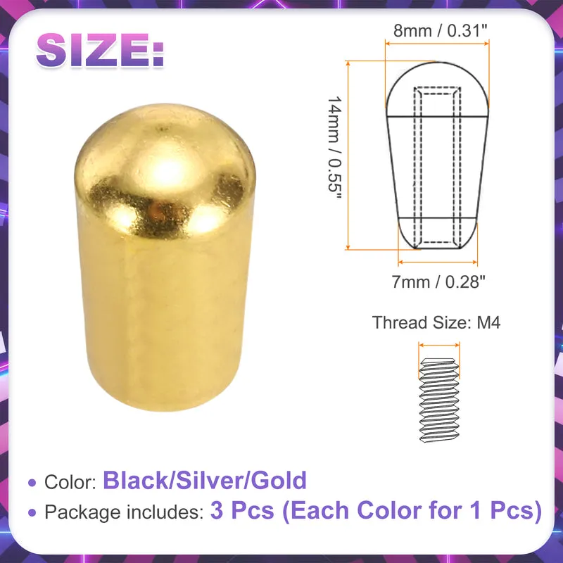 3Pcs 3Way Guitar Toggle Switch Tip, M4 Brass Threaded, Black/Silver/Gold