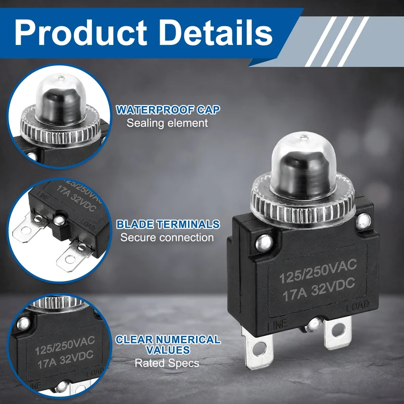 2pcs Thermal Circuit Breakers Reset Push Button 17A 125/250VAC 32VDC