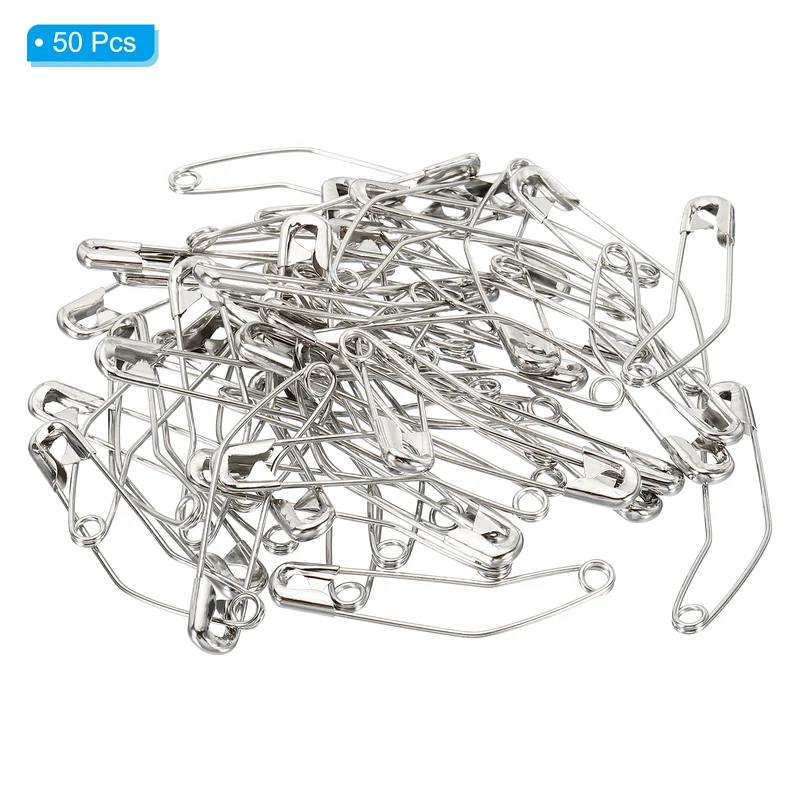 Safety Pins 2.24 Inch Metal Nickel Plated Curved Sewing Pins Silver Tone 50Pcs