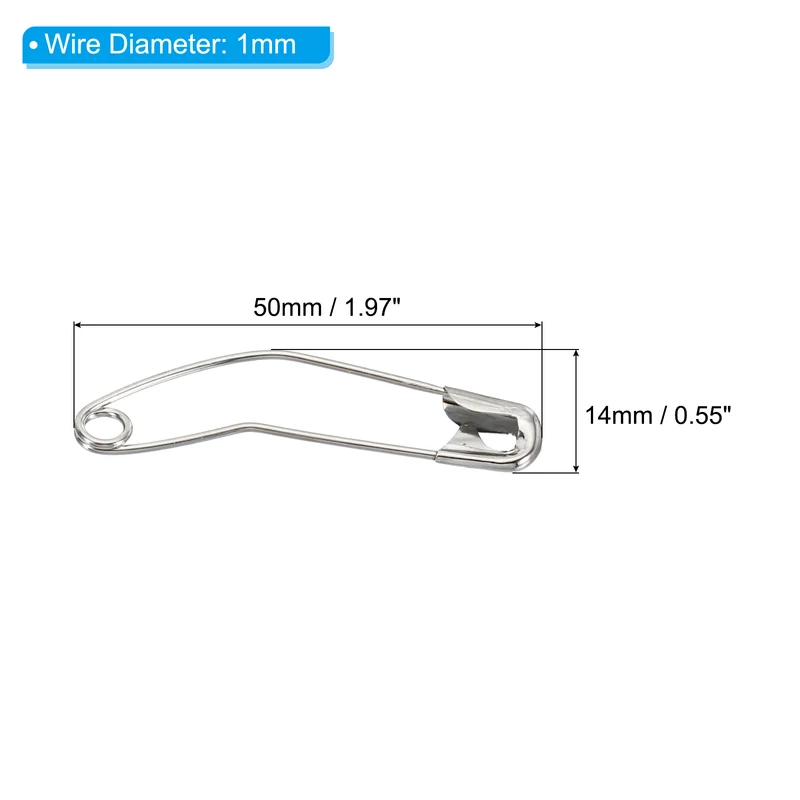 Safety Pins 1.97 Inch Metal Nickel Plated Curved Sewing Pins Silver Tone 200Pcs