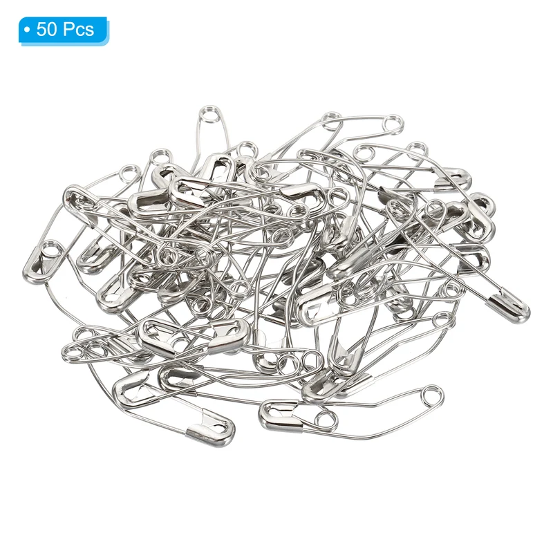 Safety Pins 1.5 Inch Metal Nickel Plated Curved Sewing Pins Silver Tone 50Pcs